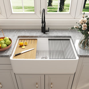 Deervalley 33 L X 20 W Single Basin Workstation Farmhouse Kitchen Sink With Sink Grid Cutting Board And Dish Drying Rack 